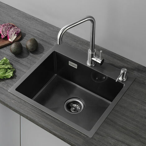 Noir Evier Cuisine 1 Bac Évier Inox 1 Cuve avec Siphon et Trop-Plein Évier de Cuisine en Couleur Noir 50×45×18.5CM (Sans Distributeur de Savon)