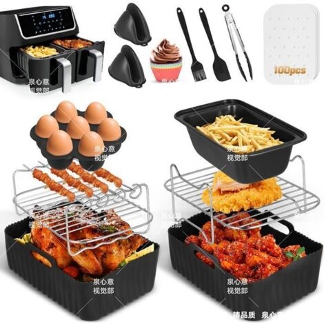 (Noir, gris et argenté)12 Pcs Accessoires pour Friteuse à Air pour Ninja Dual Air Fryer Ninja Dual AF300UK AF400UK Air Fryer avec 100 Feuilles de Papier