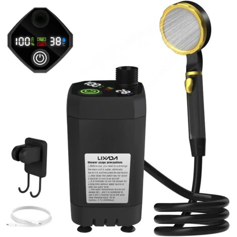 (Noir) Kit de douche de camping avec pompe, écran numérique intelligent et batterie réglable de 6000 mAh.