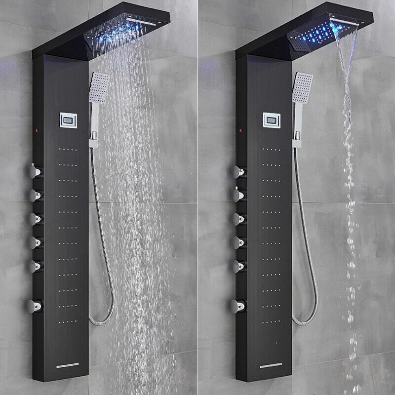 Noir Led Colonne de Douche Hydromassage Acier Inox lcd Affichage Température d'Eau Colonne Douche en Panneau Douche Système ​Douchette à Main