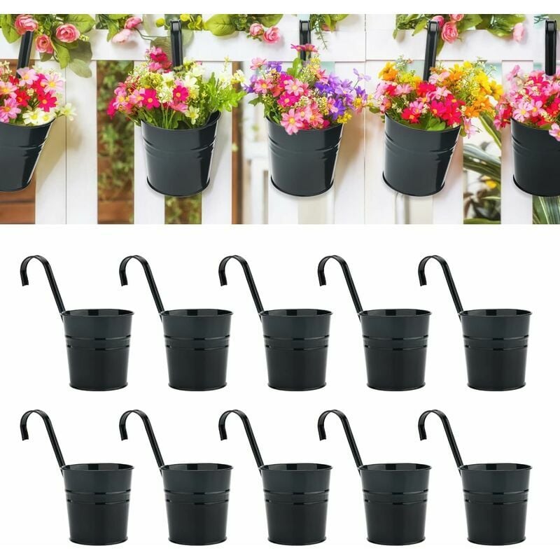 Noir Lot de 10 Pots de Fleurs en métal à Suspendre - pour Une clôture ou Un Balcon - avec Crochet Amovible