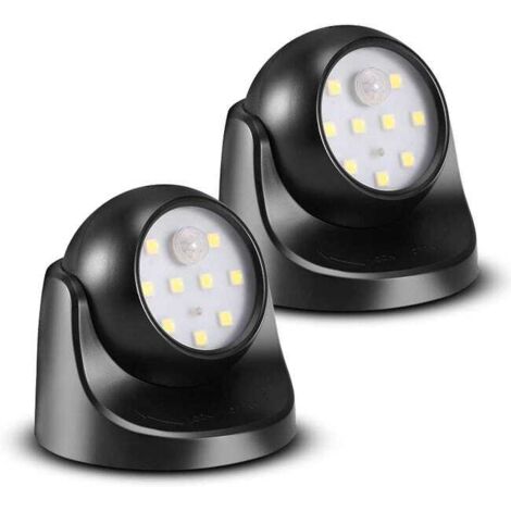 (Noir, lot de 2) Applique murale extérieure sans fil à piles avec détecteur de mouvement, éclairage LED et rotation à 360°