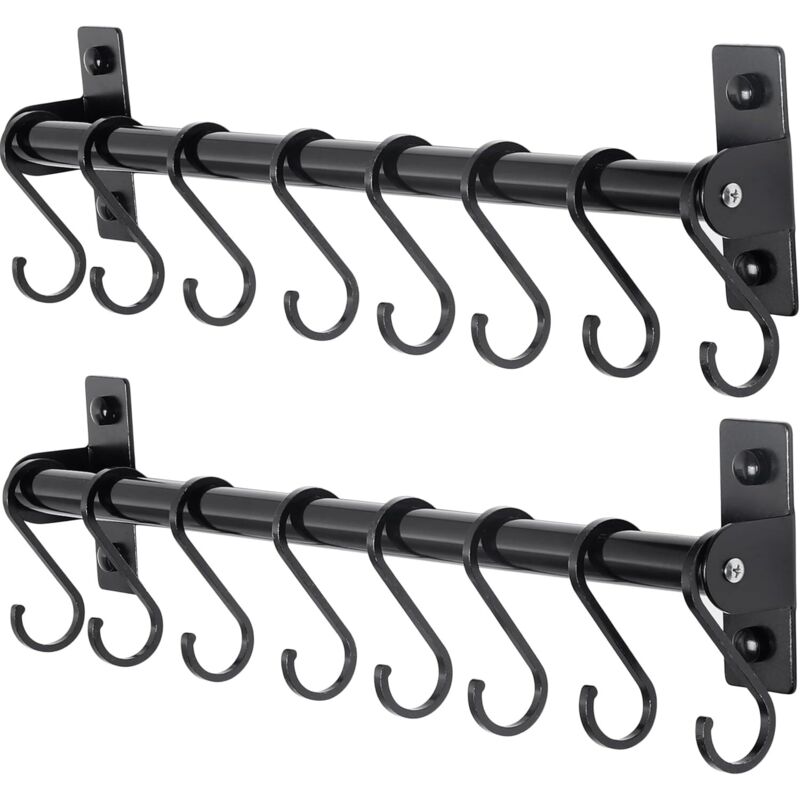 Noir, lot de 2, support à ustensiles de cuisine, support mural pour casseroles et poêles, rail de cuisine avec 8 crochets pour suspendre des