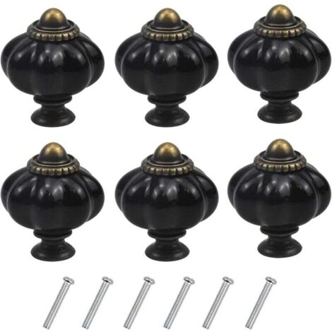 (Noir) Lot de 6 poignées de meubles vintage en forme de citrouille, boutons de tiroir avec vis pour armoires de cuisine, commodes et penderies