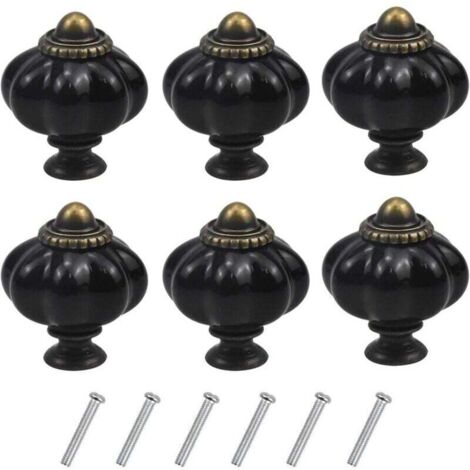 (Noir) Lot de 6 poignées de meubles vintage en forme de citrouille, boutons de tiroir avec vis pour armoires de cuisine, commodes et penderies