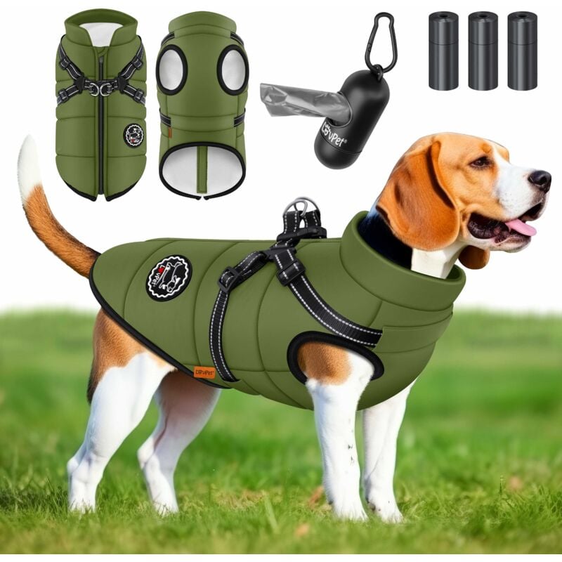 Veste pour chien Manteau pour chien avec harnais 45 sacs à crottes + distributeur inclus Veste d'hiver pour chien doublée et imperméable Gilet