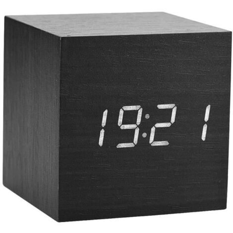 (noir, marron)Réveil Modèle en bois - 6x6x6cm - Affichage LED - Commande vocale