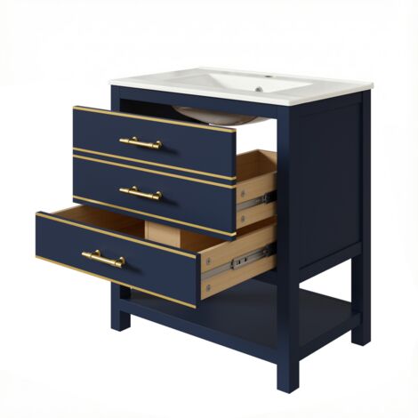 Noir Meuble lavabo indépendant pour salle de bain, vasque céramique, 2 tiroirs + étagère ouverte, MDF laqué, poignées en métal doré