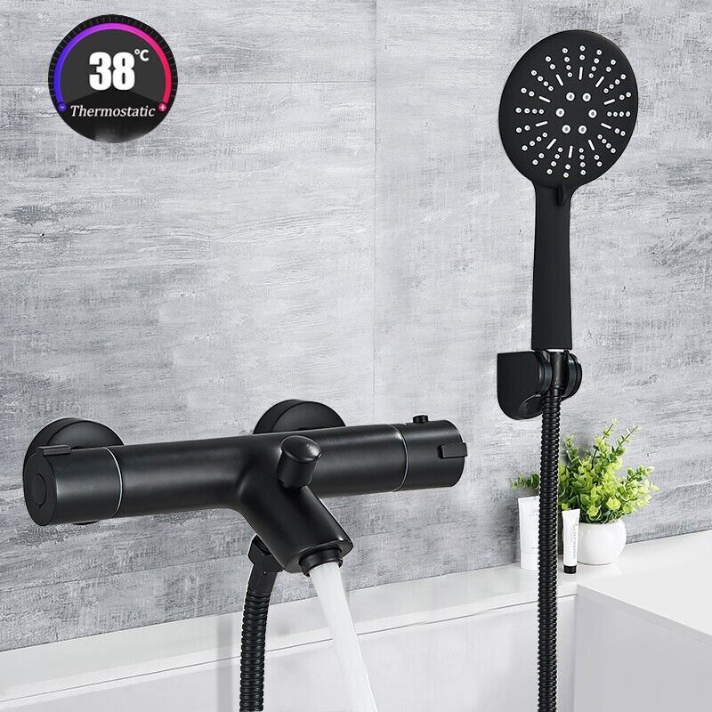 Noir Mitigeur de Baignoire thermostatique Cascade avec Douche à Main 3 Jets au Choix Robinet de Baignoire en Laiton avec Support Mural de Douchette