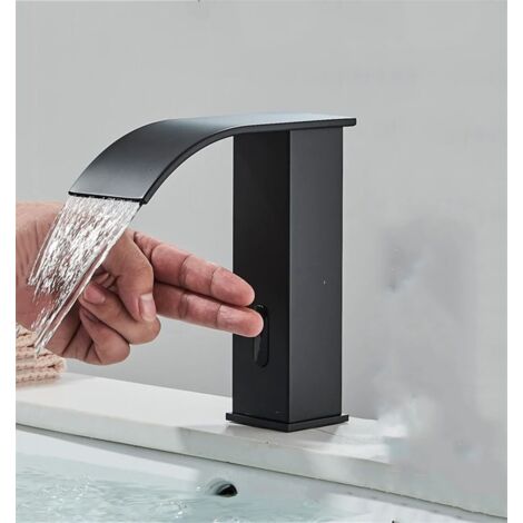 Noir Mitigeur lavabo cascade à capteur infrarouge Automatique Mélangeur à induction Robinet de salle de bain Robinet de lavabo, fonctionnement à piles