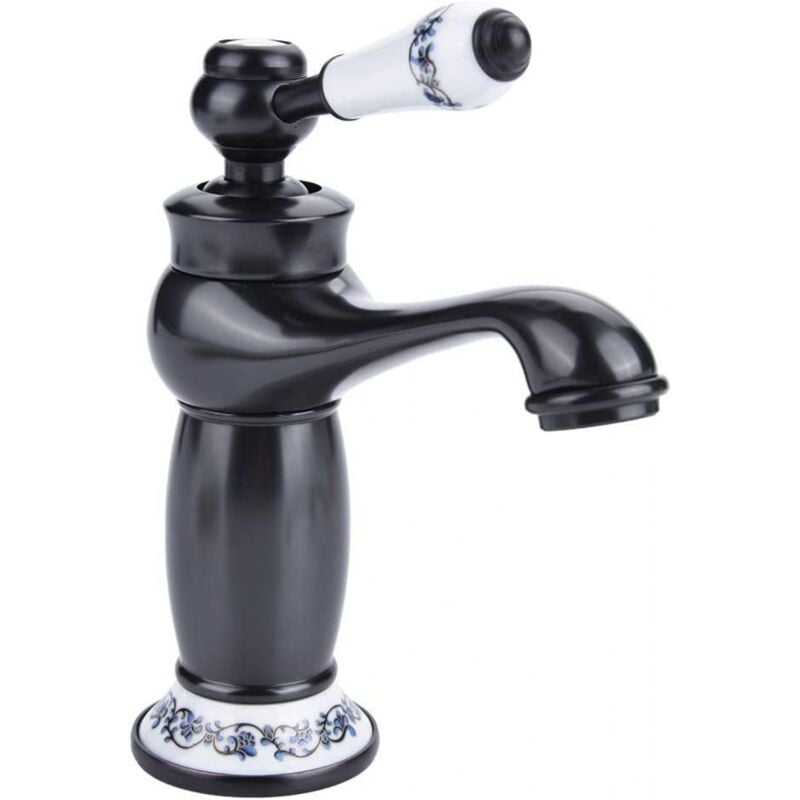 Noir) Mitigeur Robinet Lavabo Laiton Céramique Évier Robinet Noir et Blanc en Porcelaine à Long Cou Vintage Floral avec l'entrée Robinet d'eau