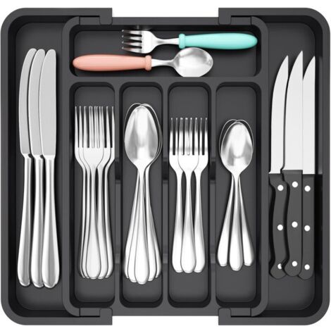Noir Rangement Couvert pour Tiroir, Range Couvert Extensible, Organisateur Couverts Tiroir Cuisine, Boite Rangement, Bac Rangeme