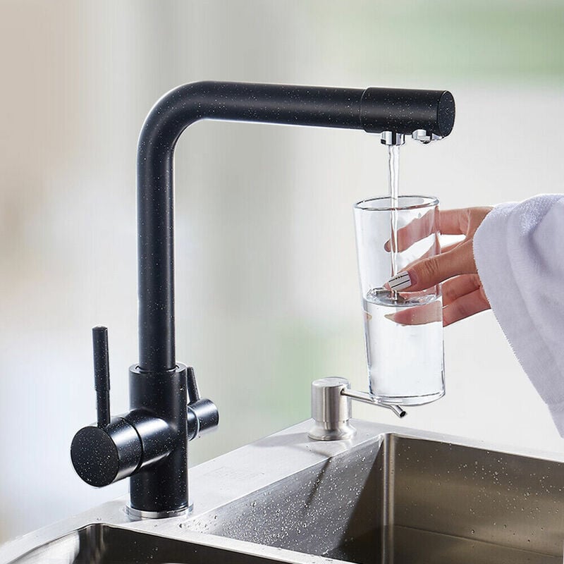 Noir Robinet de Cuisine 3 voies, Mitigeur d'Evier de Cuisine avec Sortie Eau Filtrée Pivotant à 360°