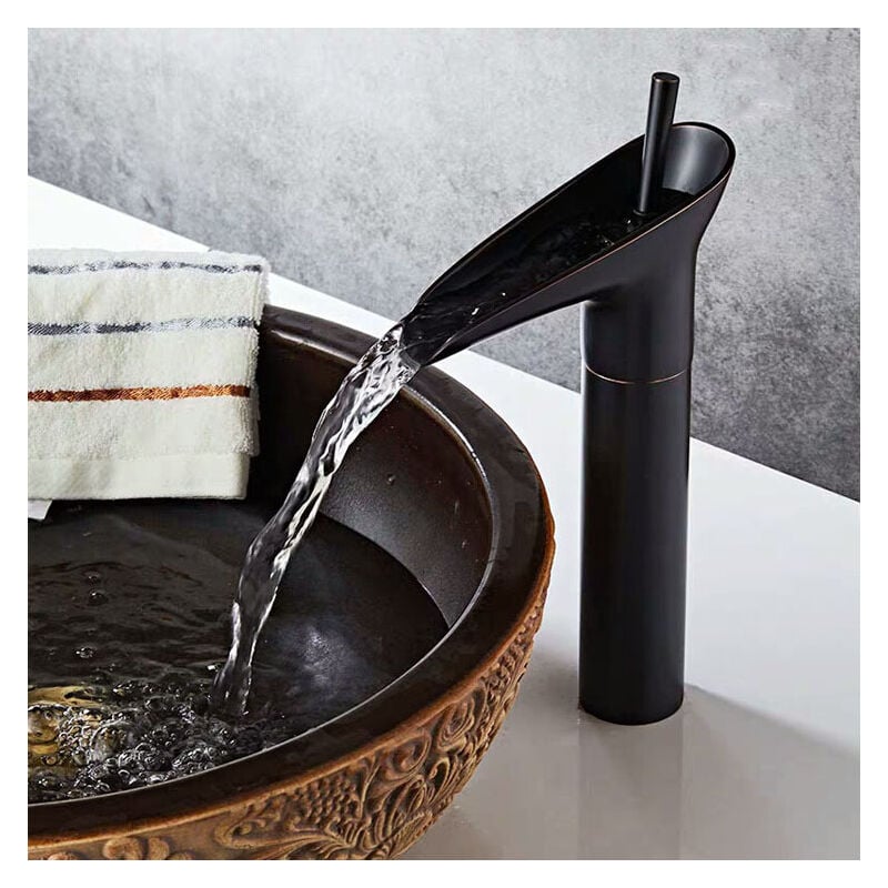 Csparkv - Noir Robinet Salle Bain, Robinet Cascade Mitigeur Lavabo Noir Rétro à Levier Unique Robinet Lavabo, Laiton Comptoir Haute Robinet Salle de