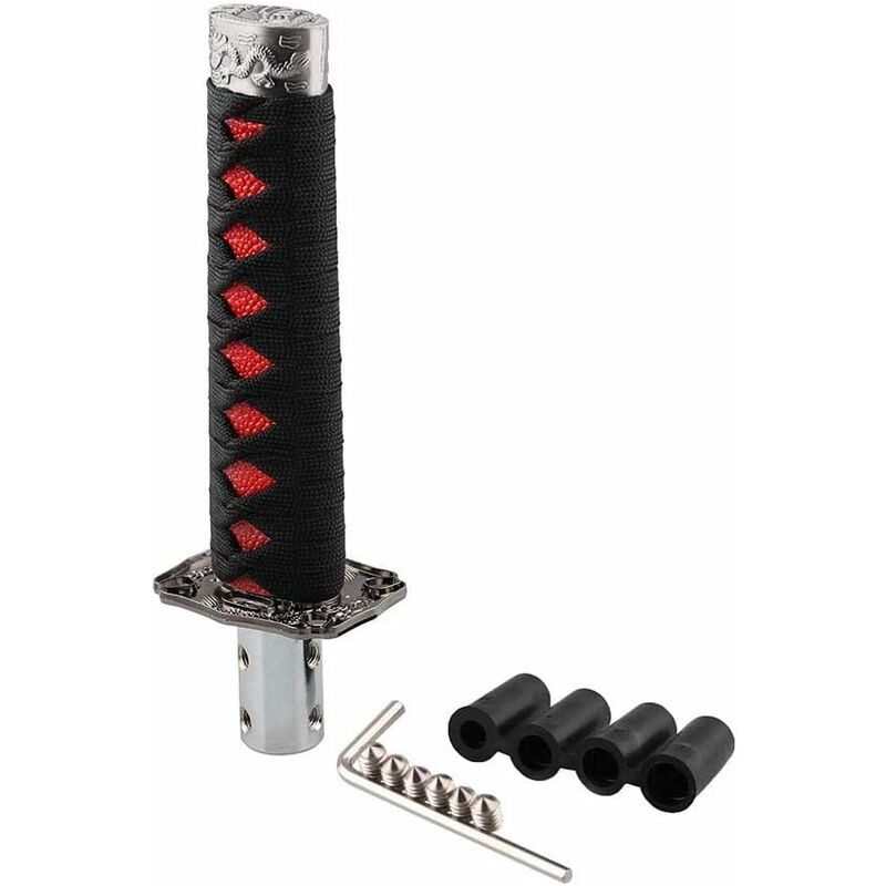 Linghhang - Noir + Rouge 156MM Pommeau de levier de vitesse universel en forme d'épée de samouraï avec 4 adaptateursCompatible avec les voitures