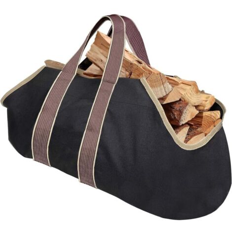 Noir Sac à Bois Grand Modèle (91x44.5 cm), Sac de Transport pour Buches, Toile Cirée Imperméable et Résistante, Panier de Rangement Extérieur pour Cheminée, Jardin, Camping
