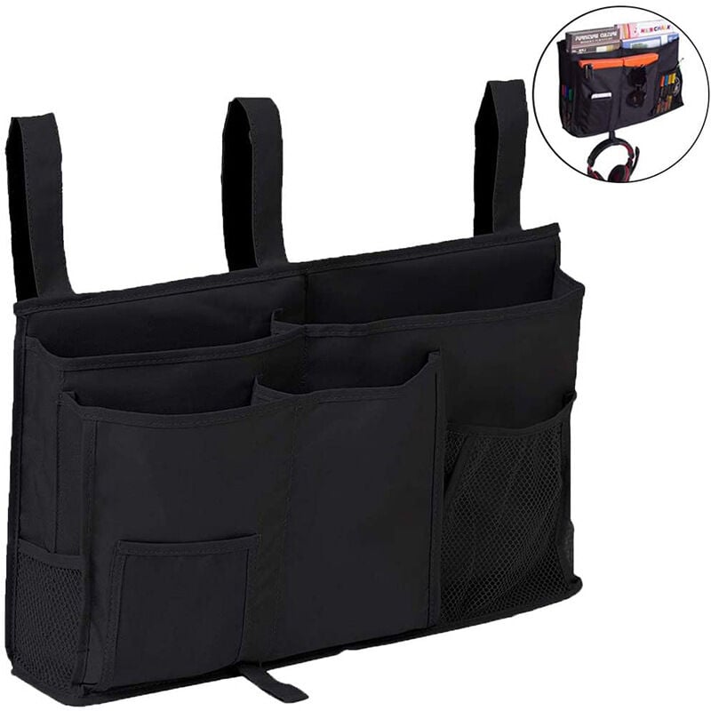 Noir Sac de Rangement de Lit pour Organisateur Suspendu, Tissu oxford Poche de Rangement de Chevet pour Téléphone, Livre, Magazines, Télécommande