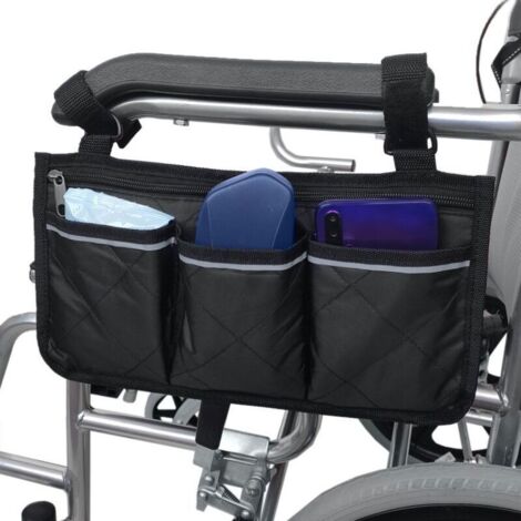(noir) Sacs latéraux pour accoudoir de fauteuil roulant avec bandes réfléchissantes Pochette de sac de rangement à suspendre sur le côté du fauteuil roulant pour chariot de bébé extérieur à la maison