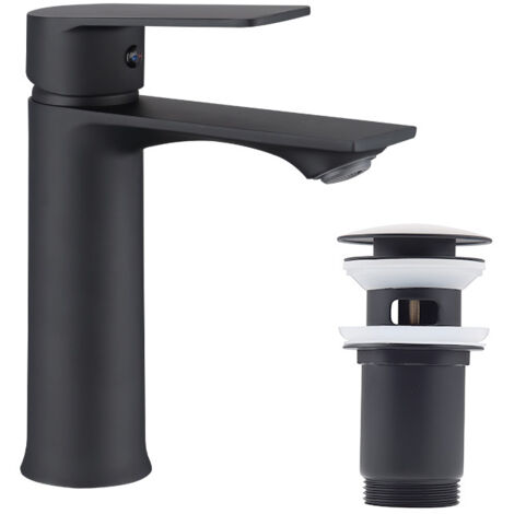 Noir Set Robinet Salle de Bain + Bonde de Lavabo Bonde Pop-up avec Trop-plein Automatique Mitigeur Lavabo avec Bonde  Universelle