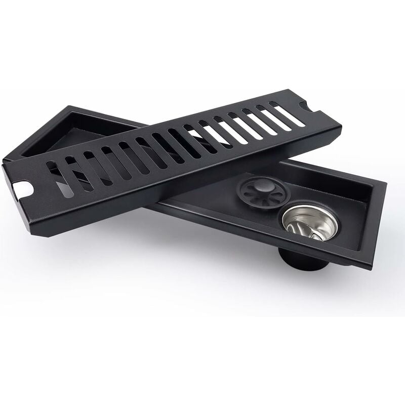 Serbia - Noir - siphon de sol rectangulaire, siphon de sol de douche 30 x 10 cm, siphon de sol noir avec grille en acier inoxydable, convient pour