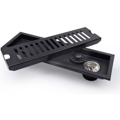 Noir - siphon de sol rectangulaire, siphon de sol de douche 30 x 10 cm, siphon de sol noir avec grille en acier inoxydable, convient pour WC, salle de bain, cuisine, balcon