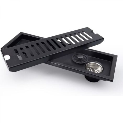 Noir - siphon de sol rectangulaire, siphon de sol de douche 30 x 10 cm, siphon de sol noir avec grille en acier inoxydable, convient pour WC, salle de bain, cuisine, balcon