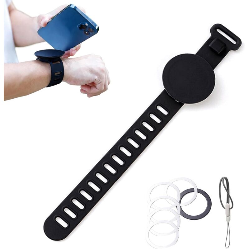 Noir Support Telephone Magnetique, Support TéLéphone Magnétique avec des Bretelles Réglables, Convient pour Salle De Sport, Poussette, Poignet,