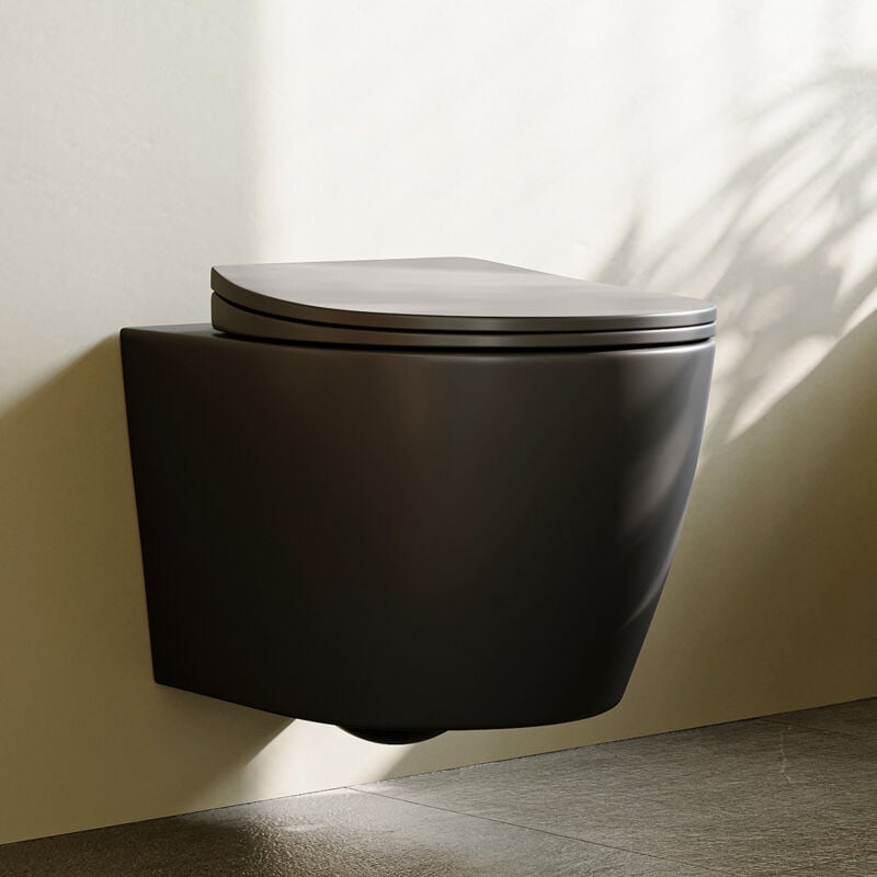 Noir Toilettes suspendues sans bride, cuvette et abattant de WC avec mécanisme de fermeture en douceur, WC suspendu à un trou avec chasse d'eau