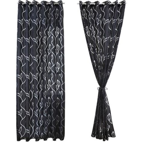 (Noir)2 Pièces Rideaux Voilage Noir 100x250 cm avec Motifs de Feuilles Décoration Élégante de Salon Chambre Salle à Manger