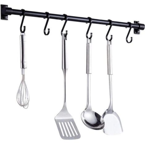 (Noir)Barre Murale Cuisine Ustensiles,40CM Barre Étagère de Cuisine avec 6 Crochets Amovibles,Rack Porte Étagère à Fixation Murale(Noir)