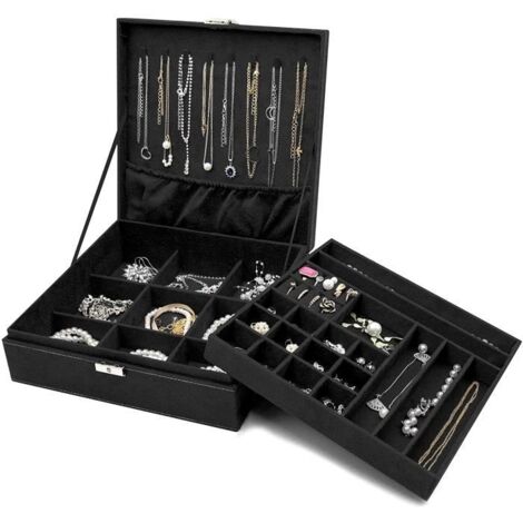 (Noir)Boîte à Bijoux Coffret à Bijoux pour Femmes - Noir - 2 Niveaux - Colliers