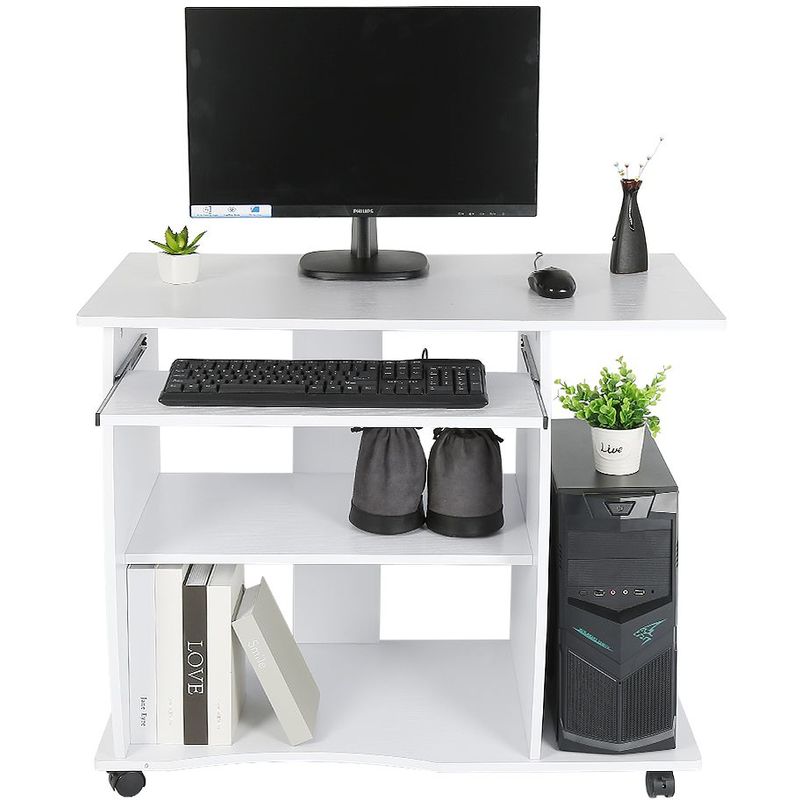 Hofuton Bureau informatique à 4 roulettes 90x50x75 cm tablette clavier table d'ordinateur meuble de bureau blanc