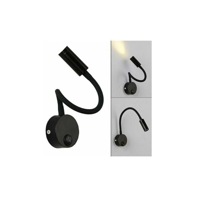 Noire Lampe de lecture Murale 3W, Flexible Cou Réglable Applique Lampe de Bureau en Aluminium, Lampe de Chevet avec Interrupteur led Soins des Yeux