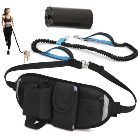 (Noir)Laisse Chien Mains Libres,Jusqu'à 110kg,Absorption de Choc,Sangle Réfléchissante,Pochette Multifonction,Offert 1Rouleaux