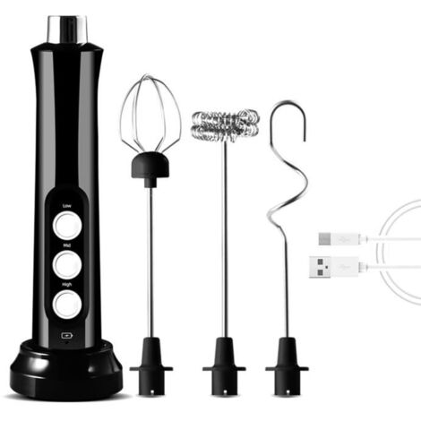 (Noir)Mousseur à Lait Électrique 3 Vitesses - USB Rechargeable - 3 types de têtes