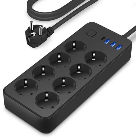 (noir)Multiprise avec Interrupteur Barre d'Alimentation 8 Prises EU 3 Prises USB A 1 Prise USB C Rallonge Prise Électrique 1,8
