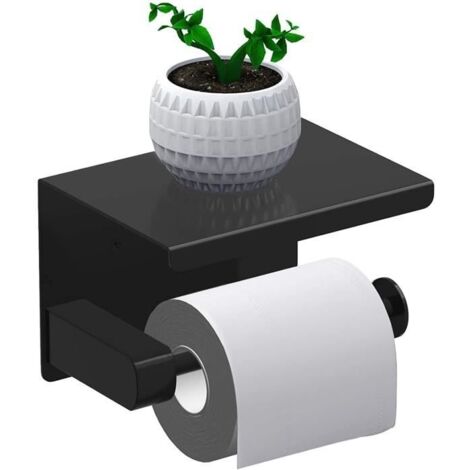 (Noir)Porte Papier Toilette, Support Papier Rouleau sans Percage Derouleur Papier WC,Distributeur Papier avec Tablette,Colle