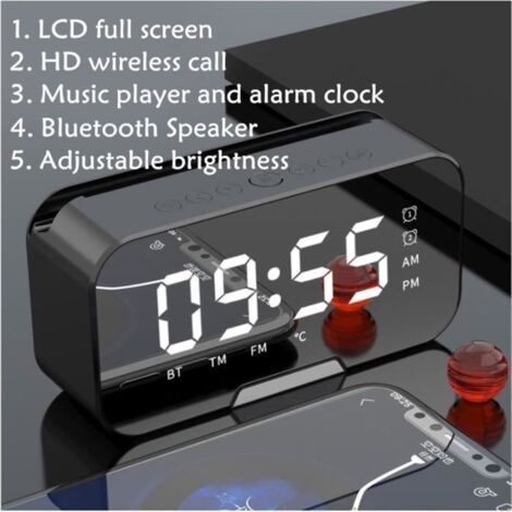 (Noir)Réveil numérique Haut-parleur Bluetooth 5.0 sans fil Radio FM Mirroir LED 1400mah - Noir