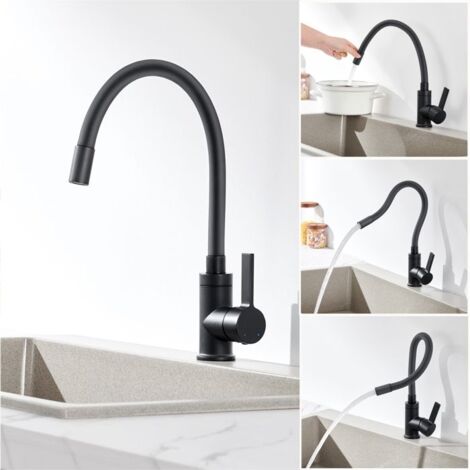 (Noir)Robinet de Cuisine Flexible Noir Rotatif 360° Mitigeur Évier Cuisine avec Tuyau en Silicone, Barboteur démontable