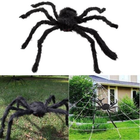 (noir)Velu Araignée Géante Décoration Halloween Prop Haunted House Party Décor Araignée Noire de 150cm Peluche Longue yeux rouges