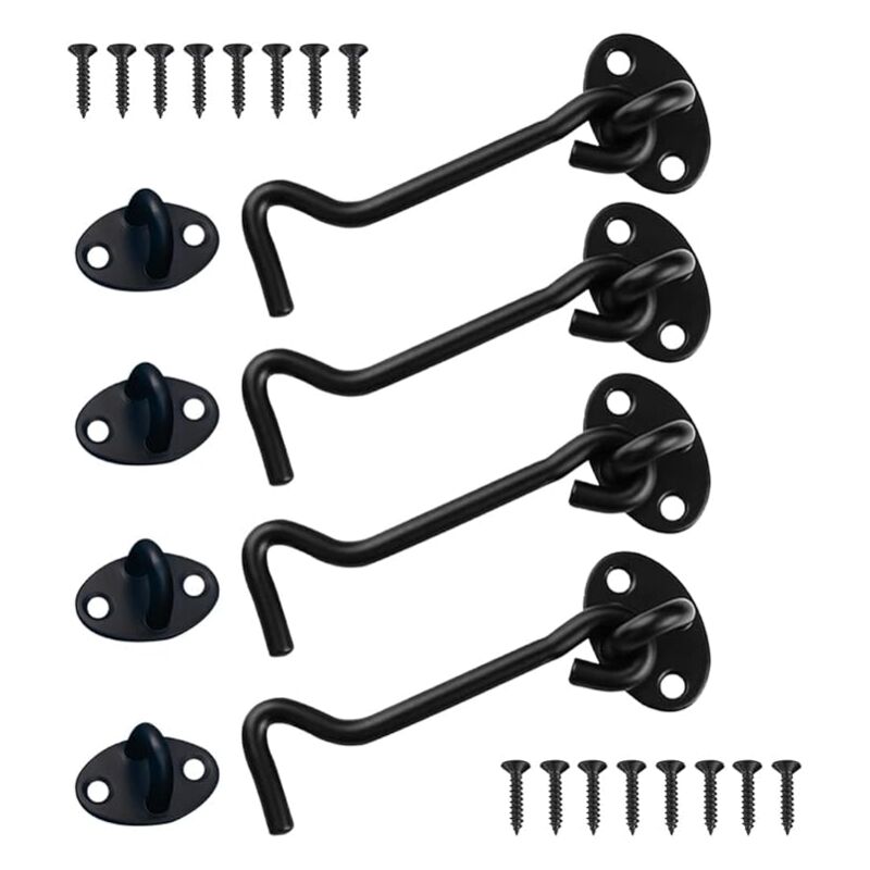 Noir)Verrou Porte Coulissante 4 Pièces, Crochet Cabin 4 inch, Acier Inoxydable Porte Loquet, Crochet Fermeture Porte pour Serrures Porte de Grange
