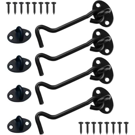 (Noir)Verrou Porte Coulissante 4 Pièces, Crochet Cabin 4 inch, Acier Inoxydable Porte Loquet, Crochet Fermeture Porte pour Serrures Porte de Grange Salle de Bain Fenêtre Porte Coulissante