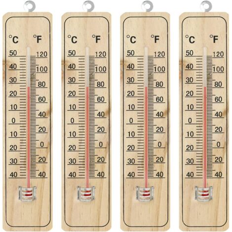 NOLUXA 4x Thermometer - Thermomètre à bois pour intérieur - Thermomètre avec échelle en degrés Celsius et Fahrenheit (21.9x4.8x0.6cm)