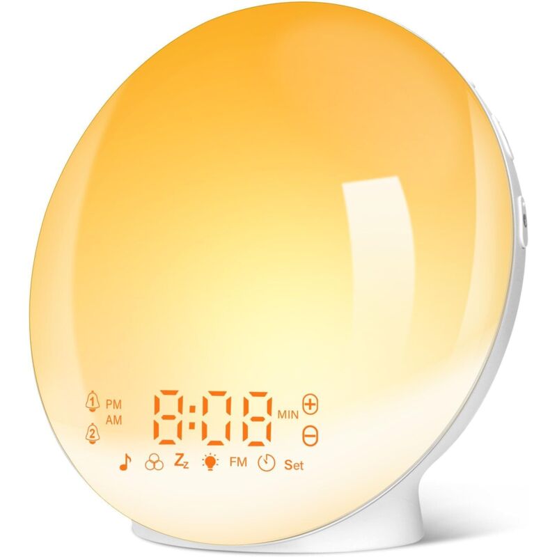 NOLUXA Eveil Lumière LED Radio Réveil Matin Lumineux Lampe de Chevet 20 Niveaux de Luminosité Simulateur d'Aube et Crépuscule (Jaune)
