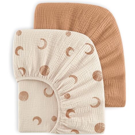NOLUXA Lot de 2 draps-Housses en Mousseline de Coton pour Enfant 71135CM 100% Coton pour lit de Voyage, lit d'appoint (Lune Brune)