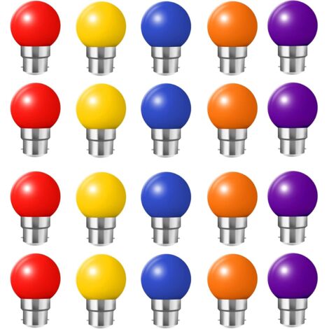 NOLUXA Lot de 20 ampoules LED B22 2W, ampoule écoénergétique colorée Couleur, Rouge, Jaune, Bleu, Vert, Violet [Classe énergétique B]