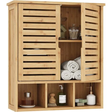 NOLUXA Meuble de rangement de salle de bain,3 compartiments ouverts et 2 portes，Salon, Cuisine，59 x 20 x 66 cm