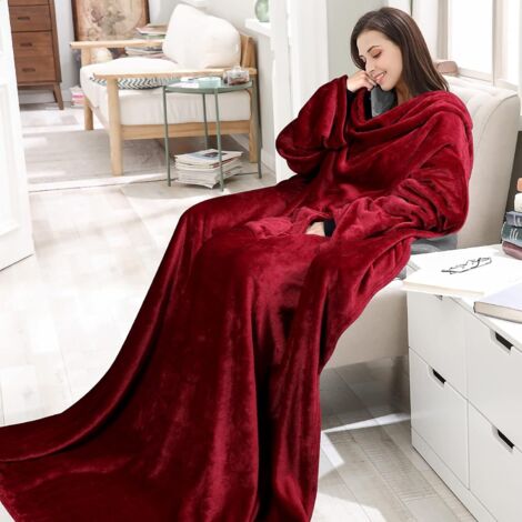 NOLUXA Plaids a Manches Polaire 170x200CM Couverture avec Manches et Poches pour Adulte Flanelle Antistatique Chaude et Douce Rouge