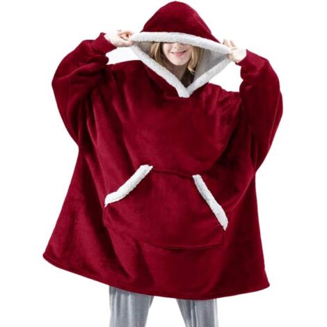NOLUXA Sweat à Capuche Couverture Pull Capuchon Sherpa Peluche à Manches TV Plaid Couvertures Adulte Femme Homme Unisexe(Bordeaux)