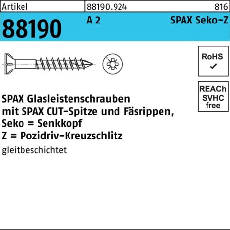 Nom Vis de parclose R 88190 Seko PZ 3,5x40/23-Z2 A 2 200pièces SPAX